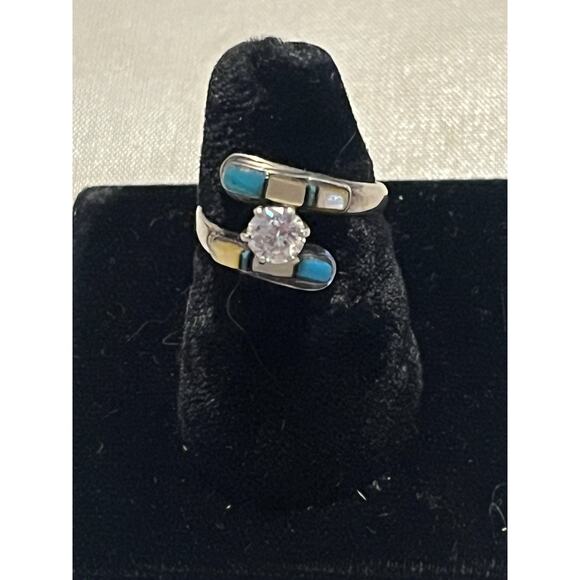 Artisan Jewelry - Artisan Made Sterling Bypass Ring Turquoise MOP White Sapphire Size 5